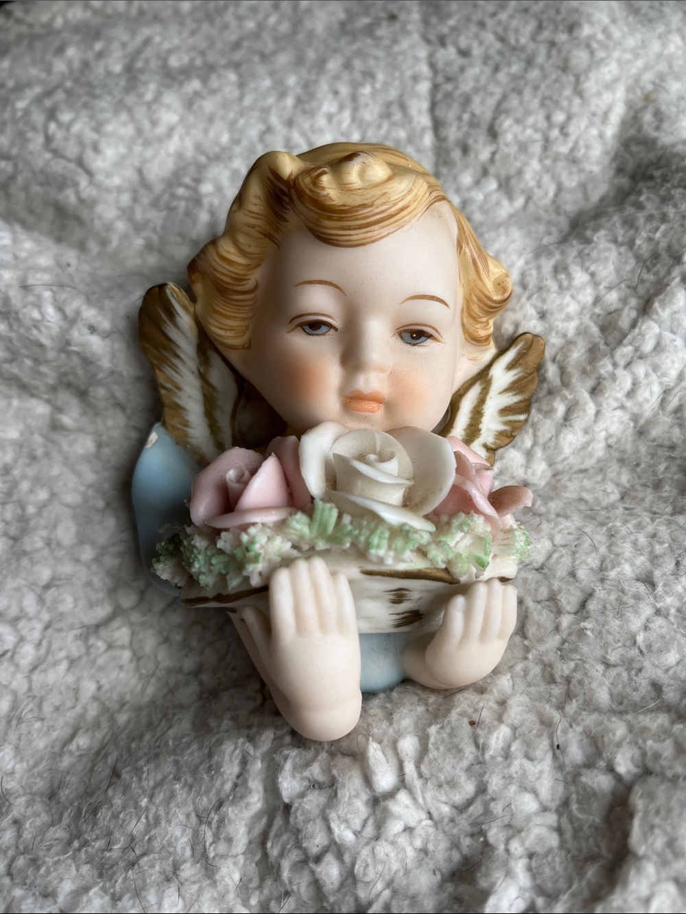 Porcelain Cherub Wall Accent with Pastel Flowers